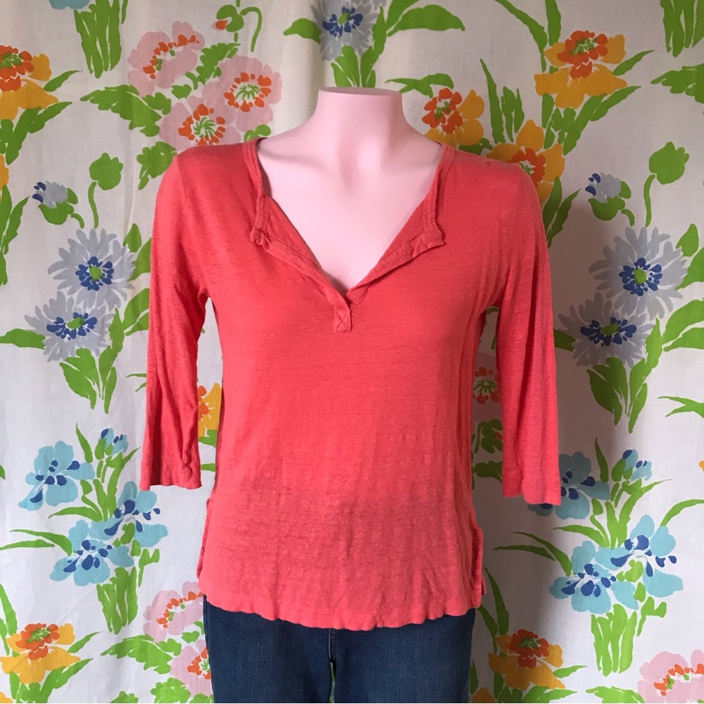 LOFT 100% Linen Pink Coral Three Quarter Sleeve Lightweight Blouse Shirt Small